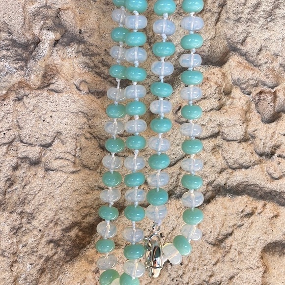 Mint Rondelle Glass & Opal Stone Beads Necklace Knotted Handmade New - Picture 7 of 10